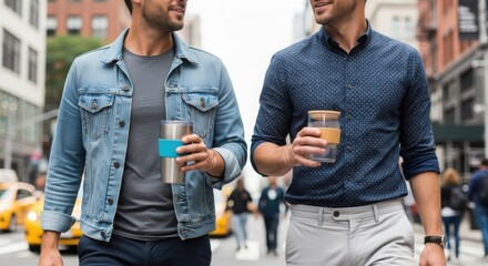 Two men walking and enjoying coffee in a city street