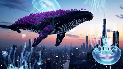 A giant whale floats in the sky above a futuristic megacity, its fins glowing with neon lights, and a whole forest of purple trees growing on its back. Transparent jellyfish - Powered by Adobe