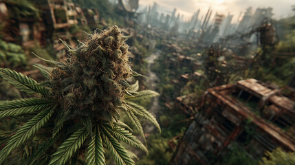 Naklejka premium Close-up of a cannabis plant with a decayed post-apocalyptic city overgrown by vegetation in the blurred background.