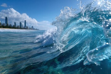 Fototapeta premium Waves crash against the shoreline near urban skyline during sunny day at the beach