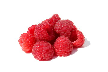 There are ripe juicy raspberries on a white background.	