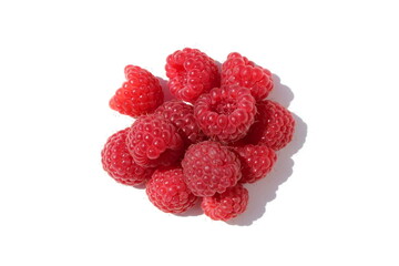 There are ripe juicy raspberries on a white background.	
