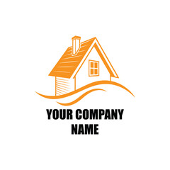Real Estate Logo Design with Orange House and Wave Shape Concept on White Background