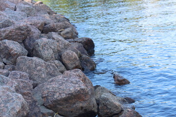 There are large stones on the seashore.