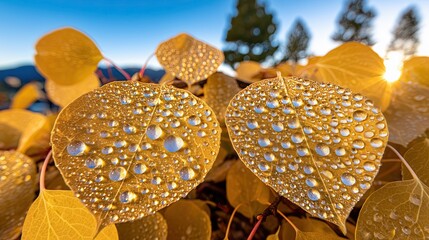 Glowing Autumn Leaves with Dew Drops in Natural Morning Light
