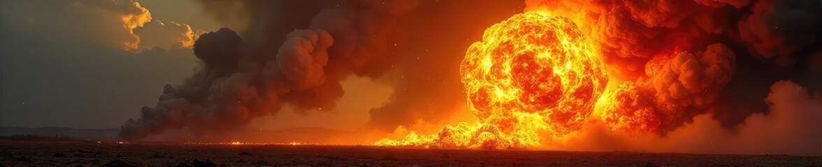 A fiery explosion erupts, sending a massive fireball soaring into the air with intense heat and light, leaving behind a trail of smoke and debris , impact, disaster