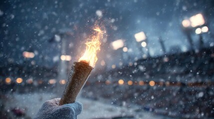 Hand holding the Olympic torch in a snowy stadium in winter
