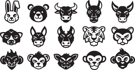 Fototapeta premium Collection of artistic monochrome mammal head graphics including monkeys bears and bulls vector