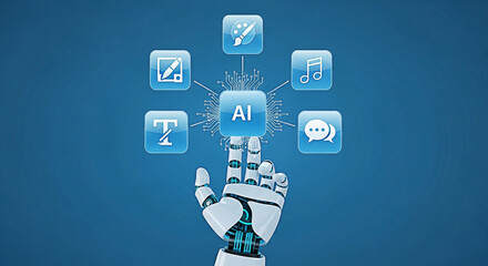 Robotic hand interacting with ai interface and application icons on a blue background showcasing artificial intelligence technology