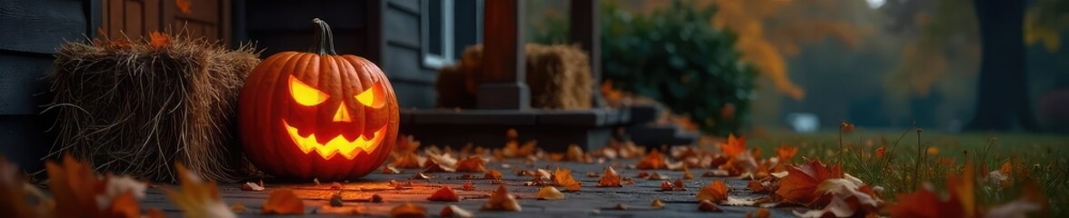 A glowing jack-o'-lantern sits on a porch, surrounded by autumn leaves and hay bales, creating a classic Halloween scene  Perfect for fall and Halloween themed projects ,  leaves,  holiday decor