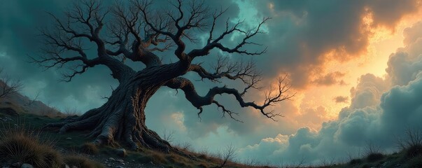 A gnarled, thorny tree clawing at a stormy sky, its branches twisted and reaching like skeletal fingers  The image evokes feelings of malice and untamed wilderness  ,  barren,  destruction