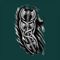 Double Axe Tattoo Design with Celtic Knotwork | Medieval Weaponry Illustration for Body Art, T-Shirt Graphics and Fantasy Artwork