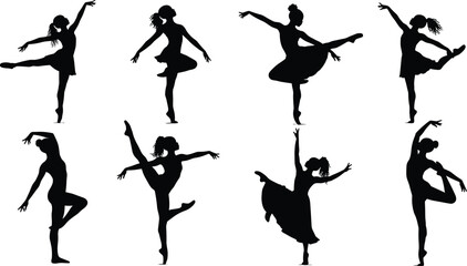 Ballet dancer silhouettes, arabesque, pirouette, grand jeté, graceful posture, classical dance, elegance, performance, flexibility, lifestyle, art, design