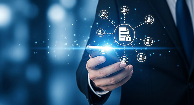 Businessman using secure data encryption on mobile device for privacy protection and access control with digital network security on blue background