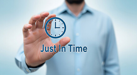 Man holding a clock with "Just In Time" text symbolizing efficiency and punctuality in business and project management concepts