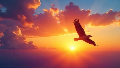 Fototapeta premium A lone bird in flight against a vibrant sunset, symbolizing liberation and the boundless possibilities of open skies , wild, hope