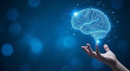 Hand holding digital brain representing artificial intelligence and future technology on a blue background with bokeh lights and glowing particles