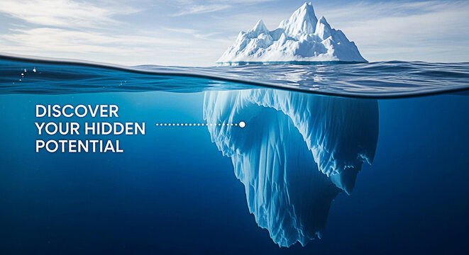 Iceberg floating in the ocean showcasing hidden potential beneath the surface of the water under a bright sky