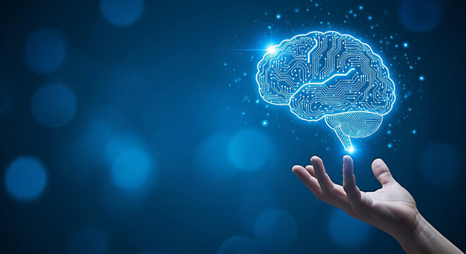 Hand holding digital brain representing artificial intelligence and future technology on a blue background with bokeh lights and glowing particles