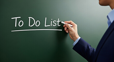 Person writing to do list on chalkboard for planning and organization in business and personal life with white chalk for task management