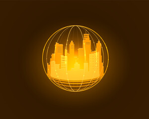 Cyberspace city symbol light glow lines and shiny houses.