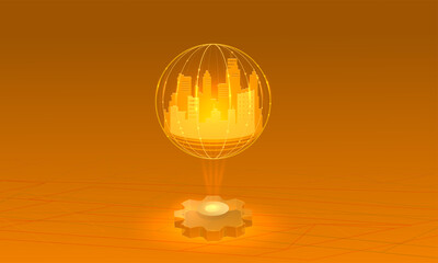 Cyberspace city symbol light glow lines and shiny houses.