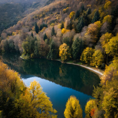 Vertical shot of Lake with long by trees