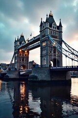 A majestic London drawbridge rises gracefully over the dark water, revealing intricate metalwork and historic architecture The scene is bathed in soft, atmospheric light , landscape, evening