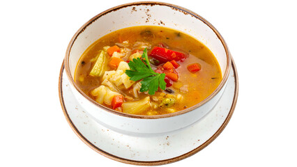 Healthy vegetable soup with cabbage tomato carrot and parsley garnish