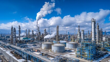 Obraz premium Industrial refinery complex with pipelines and smoke under blue sky