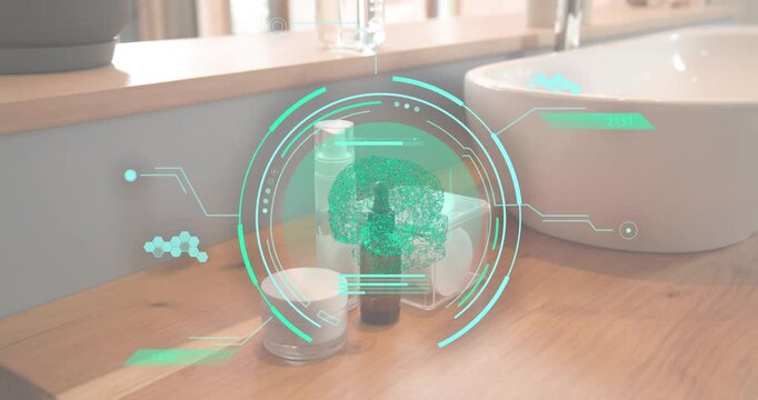 Second frame holographic interface fading in over skincare jars, scanning brain model for analysis