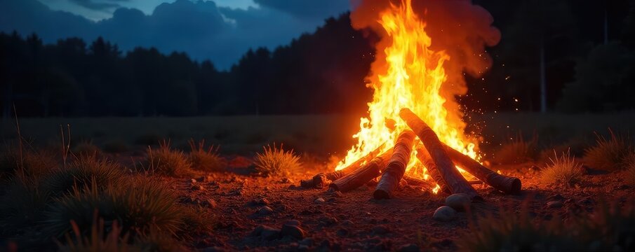 A roaring bonfire fueled by donated goods, creating a warm, inviting glow against the night sky  Perfect for charity, recycling, and community events ,  gathering,  warmth