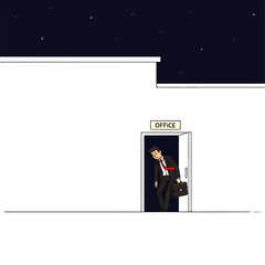 A tired businessman leaving his office at night, carrying a briefcase.