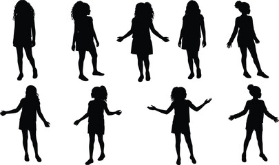 Children silhouettes in standing poses, diverse hairstyles, clothing outlines, body language, posture study, childhood motion, human figure, character design, education, activity