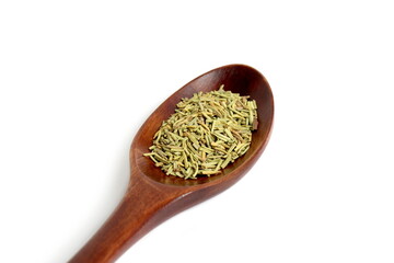On a white background lies a wooden spoon with rosemary seasoning.	