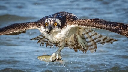 Osprey in flight and catching fish for dinner