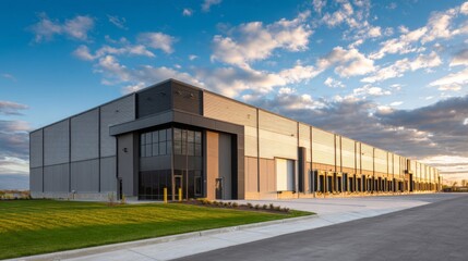 Obraz premium Large modern warehouse building exterior with loading docks and evening sunlight