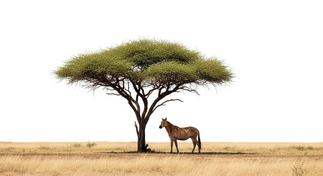 Zebra standing under acacia tree isolated on white background, providing shade in the african savanna, showcasing wildlife and nature - Powered by Adobe