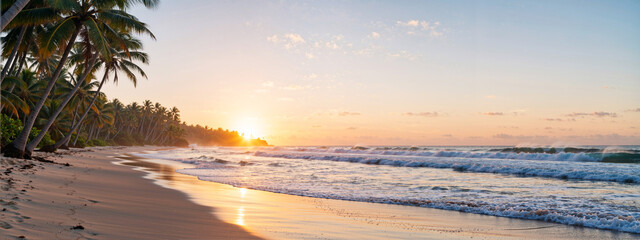 Panoramic tropical beach at sunrise with golden light, palm trees, gentle waves, and a serene atmosphere.