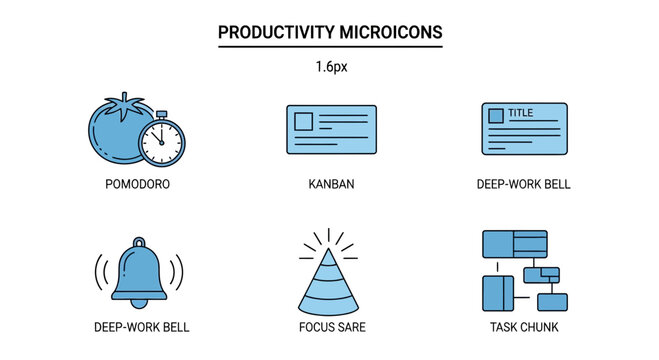 Blue Productivity Microicons Depicting Time Management and Task Organization