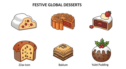 Colorful Festive Desserts from Around the World Illustrated and Isolated