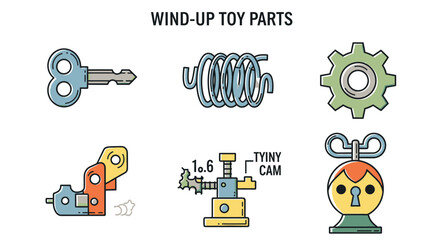 Colorful Illustrated WindUp Toy Parts Depicting Mechanical Components