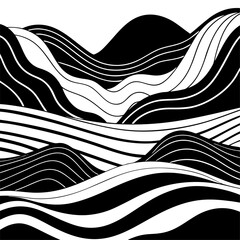 Minimalist black and white mountain landscape with flowing abstract wave patterns.