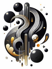 A stunning abstract piece with flowing black and gold elements forming an intricate and visually appealing design.