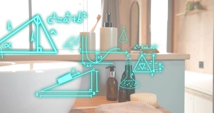 After two seconds bathroom items gaining neon green overlays floating rotating forming AR blueprint