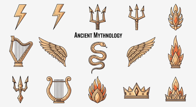Detailed Illustrations of Ancient Mythology Symbols and Icons in Gold Tones