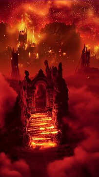 Fiery staircase to a demonic kingdom under a burning purple and red sky with a rising evil castle digital animation