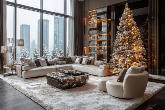 Christmas tree with colorful ornaments and fairy lights in a cozy living room. - Powered by Adobe