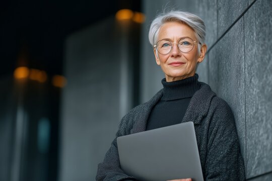 Elderly businesswoman wearing glasses using a laptop outdoors embodying strength and independence