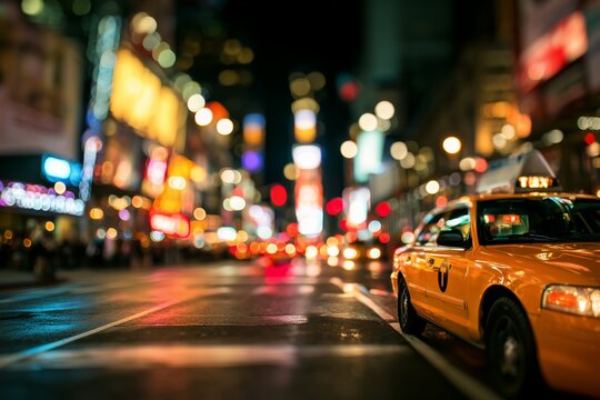 Blurry view of illuminated Times Square at night with yellow taxi in New York City - Powered by Adobe